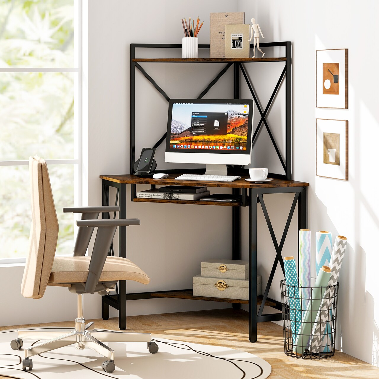 Space-Saving Corner Computer Desk with with Hutch and Keyboard Tray